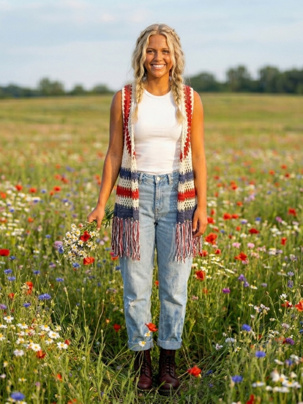 Frazzle Red White & Blue Festival Crochet Summer Boho Long Open Cardigan Size XL